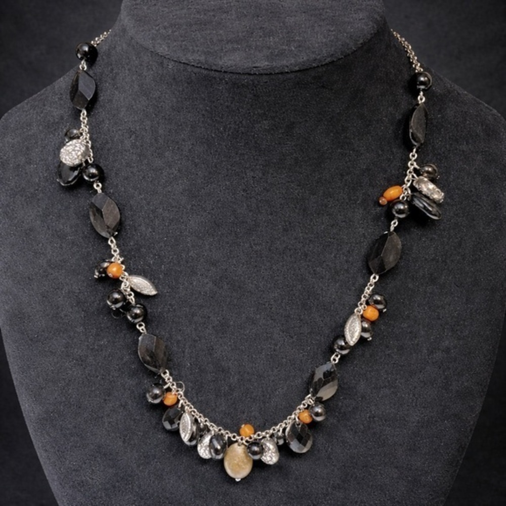 Premier Designs SERENDIPITY Black Silver Plated Beaded Necklace GUC #145